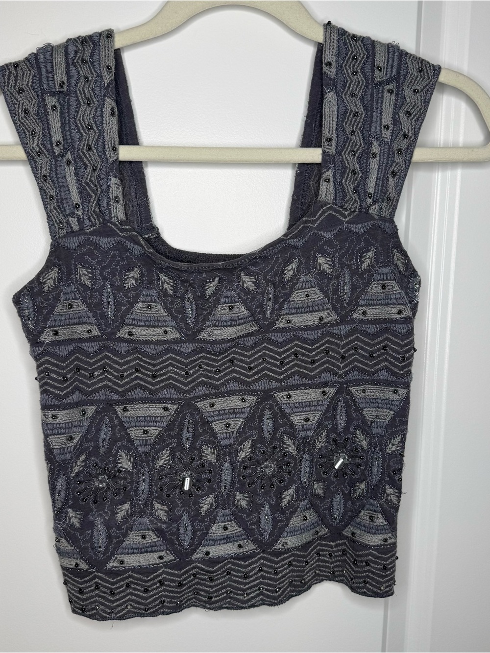 Free People Gray Beaded Embroidered Tank Top
